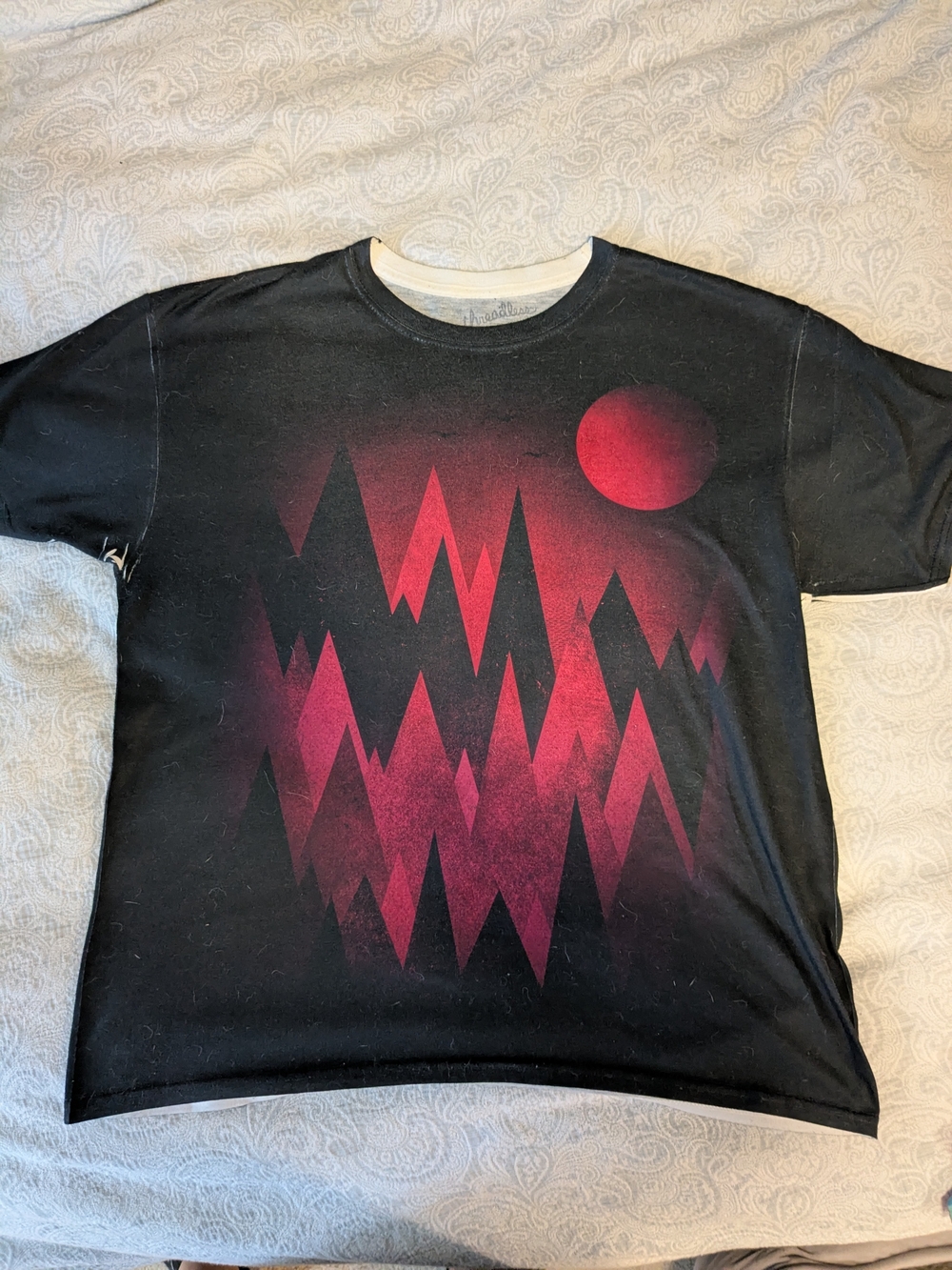 Threadless Black Tee with Red Mountain and Moon Graphic